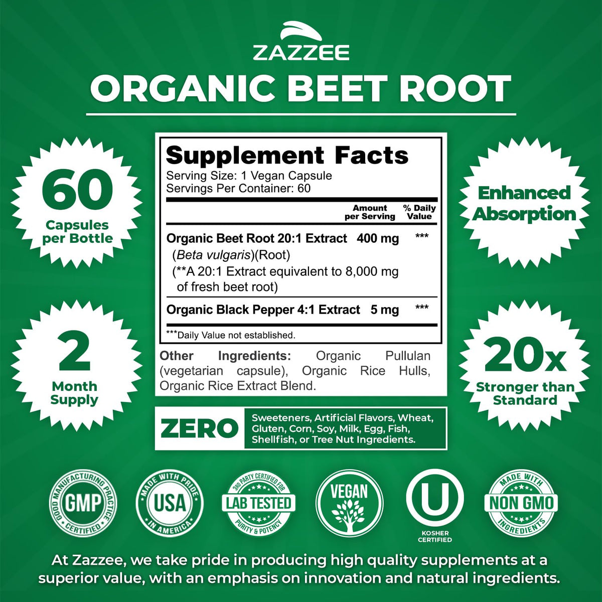 Zazzee USDA Organic Beet Root 20:1 Extract, 120 Vegan Quick Release Capsules, 4 Month Supply, Nitric Oxide Support, Black Pepper Extract for Enhanced Absorption, Certified Kosher, Non-GMO, Made in USA