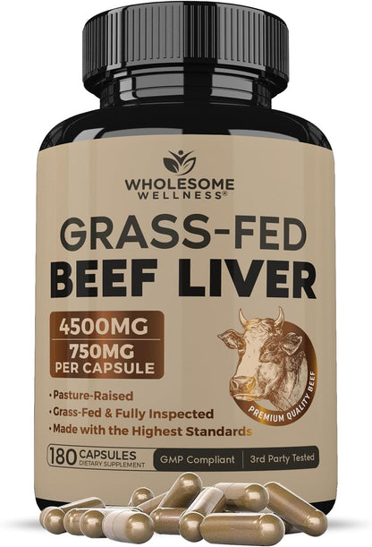 Wholesome Wellness Grass Fed Desiccated Beef Liver Capsules (180 Pills, 750mg Each) - Natural Iron, Vitamin A, B12 for Energy - Raised Undefatted in New Zealand Without Hormones or Chemicals
