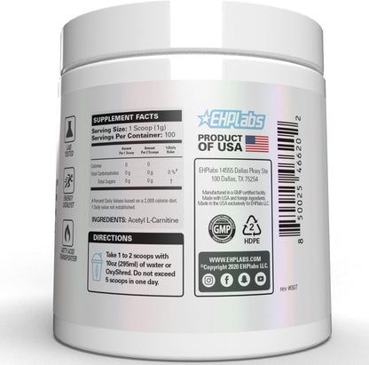 EHP Labs Acetyl L Carnitine Powder - Supports Natural Energy Production, Assists in Healthy Brain Function, Supports Heart Health, Vegan, Gluten Free, Non GMO - 100 Servings