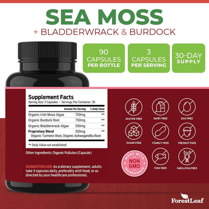 ForestLeaf Organic Irish Sea Moss Capsules | 2100mg Raw Seamoss Pills Advanced Supplement Superfood + Burdock, Bladderwrack for Digestive, Respiratory, Immune Health | 90 Vegan Organic Sea Moss Caps