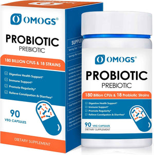 OMOGS Probiotics 180 Billion CFUs 18 Strains, 3 Prebiotics, Helps Digestive, Gut Health, Immune, Supports Occasional Constipation, Diarrhea & Gas - for Women & Men, 90 Capsules