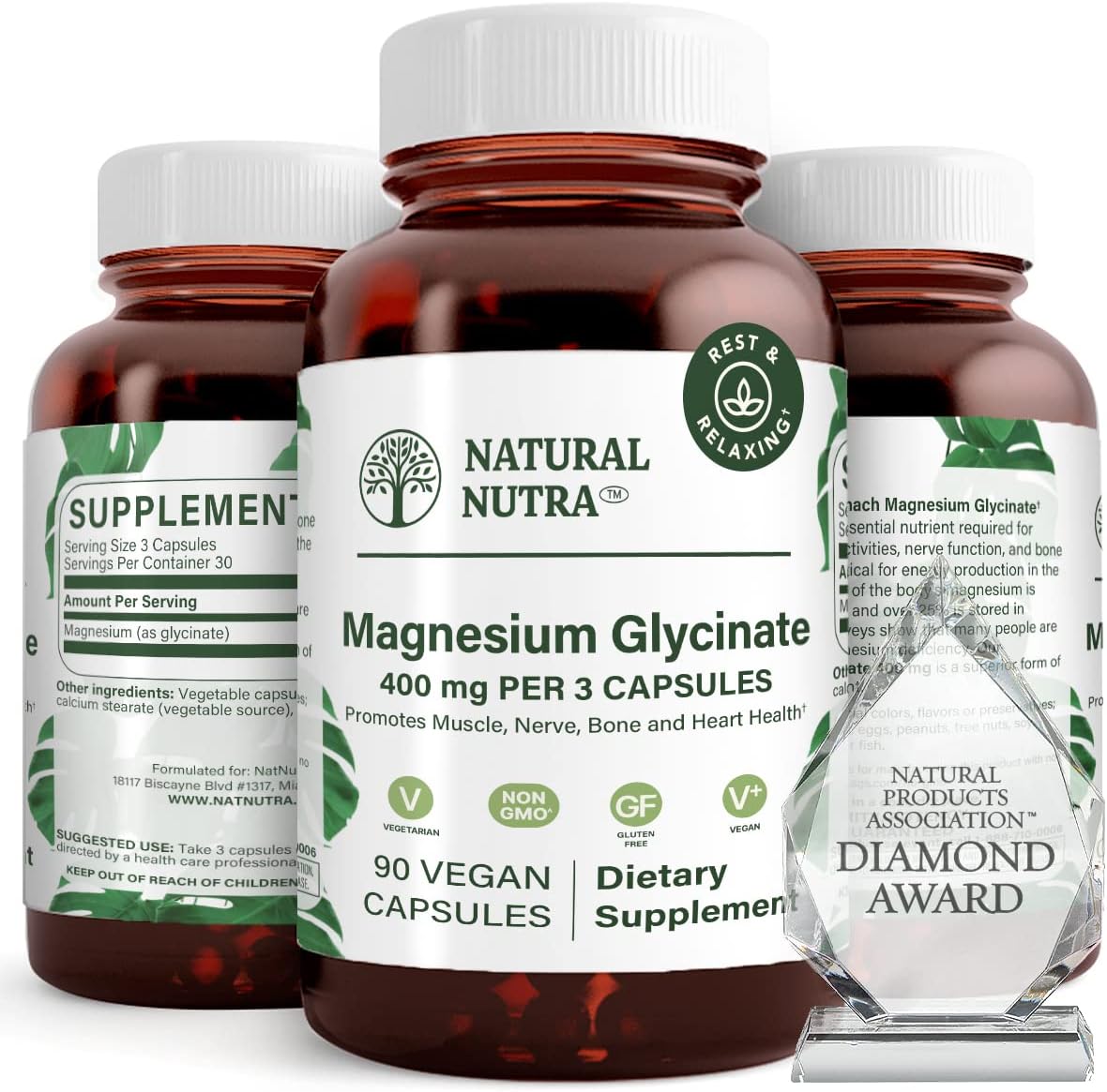 Natural Nutra Magnesium Glycinate 400 mg Supplement, Promotes Cardiovascular Health, Vegan, Helps Improve Bone Health, Soy Free, 90 Capsules