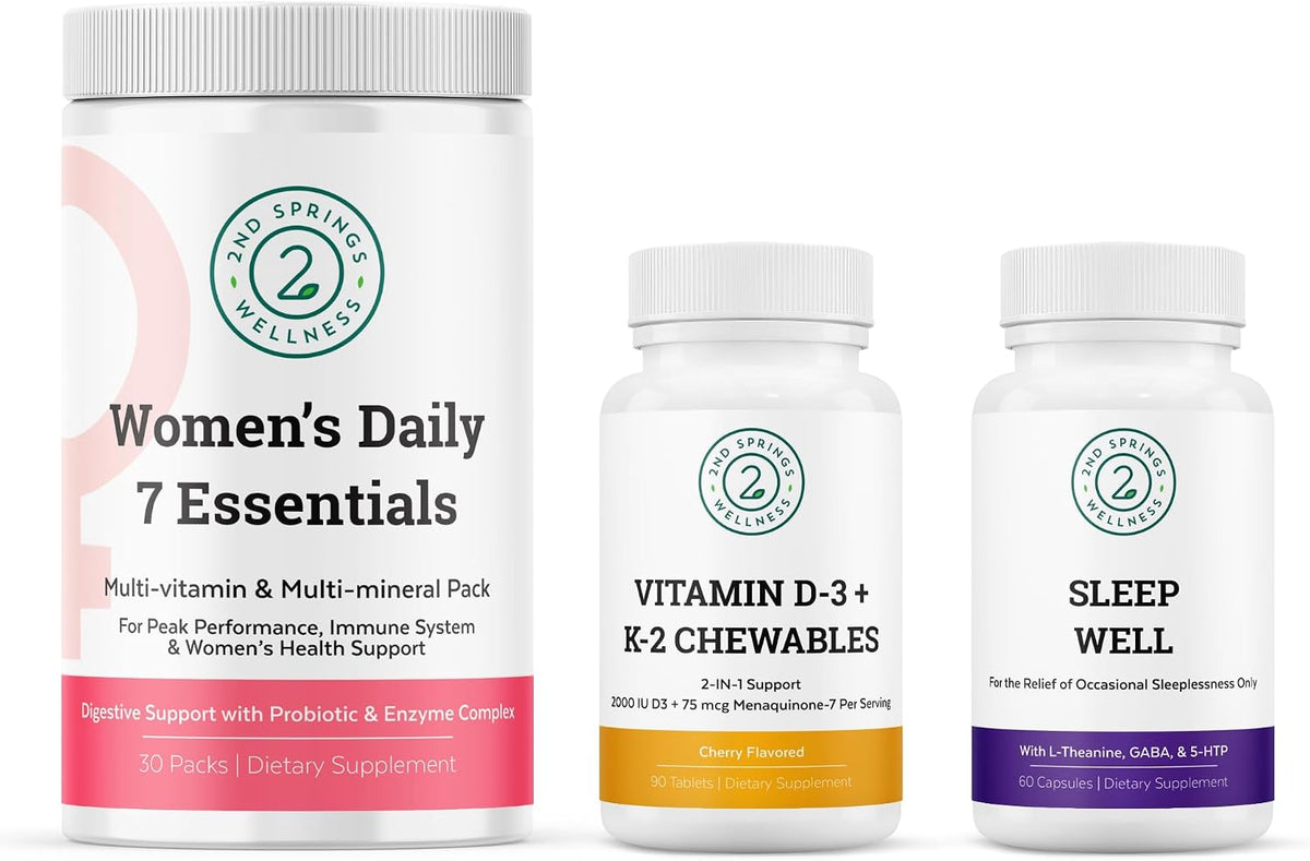 Women's Daily 7 Essentials, Vitamin D3 + K2 Chewables & Sleep Well Bundle