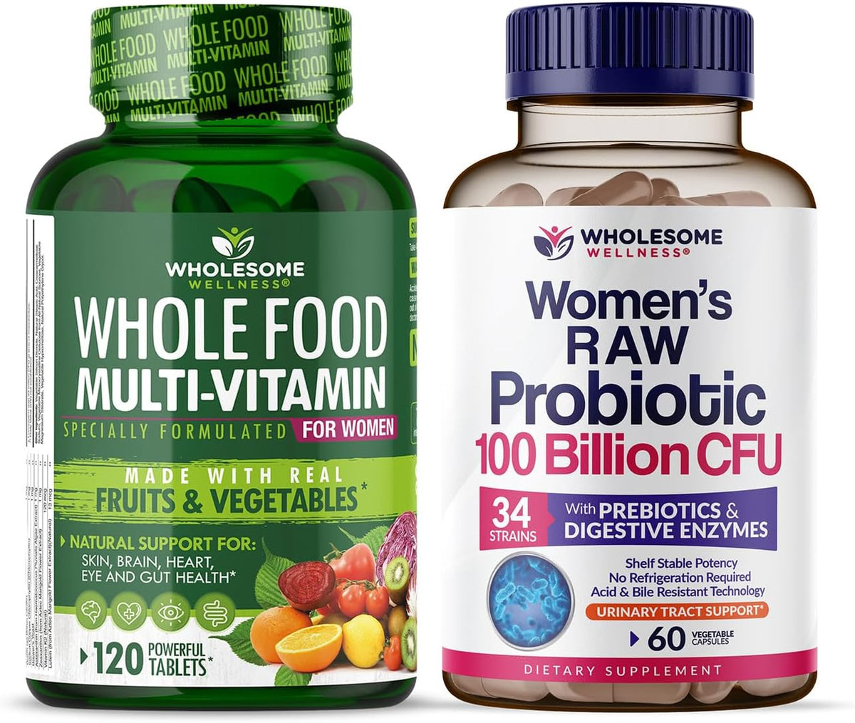 Wholesome Wellness Food Multivitamin for Women - Natural Multi Vitamins, Minerals, Organic Extracts + Dr. Formulated Raw Probiotics for Women 100 Billion CFUs with Prebiotics Bundle
