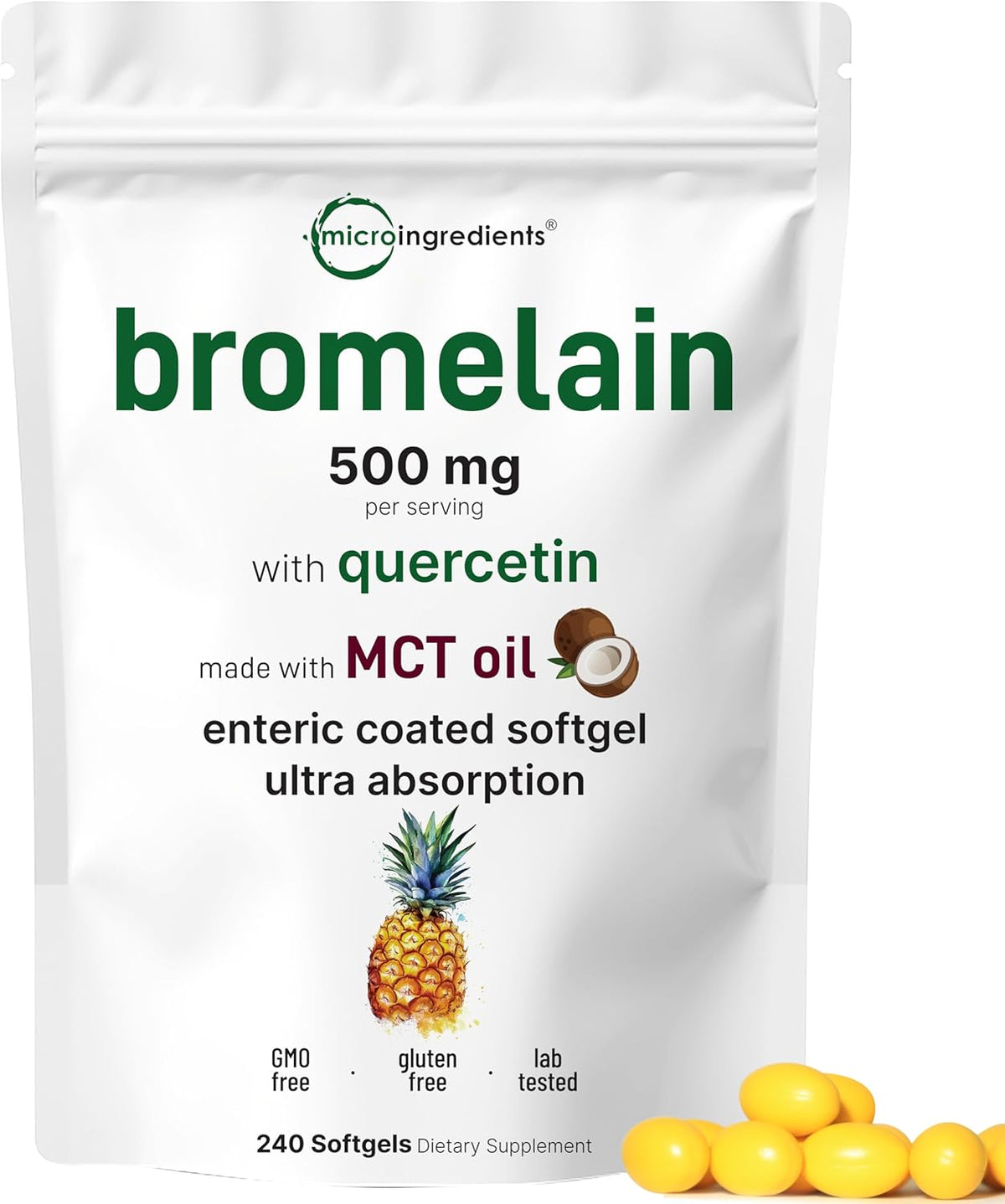Bromelain 500mg with Quercetin & MCT Oil, 240 Enteric Coated Softgels | Ultra Absorption Bromelain Supplement | Natural Digestive Enzymes for Digestion & Joint Health | Non-GMO, Gluten Free