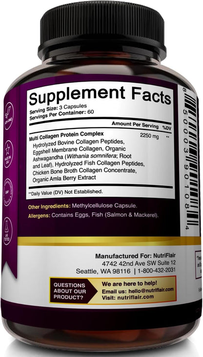 NutriFlair Multi Collagen Peptides 2250mg - Type I, II, III, V, X - Collagen Supplements Complex Powder Pills for Women and Men - Hydrolyzed Protein, Healthy Hair, Skin, Nails - Non-GMO (180 Capsules)