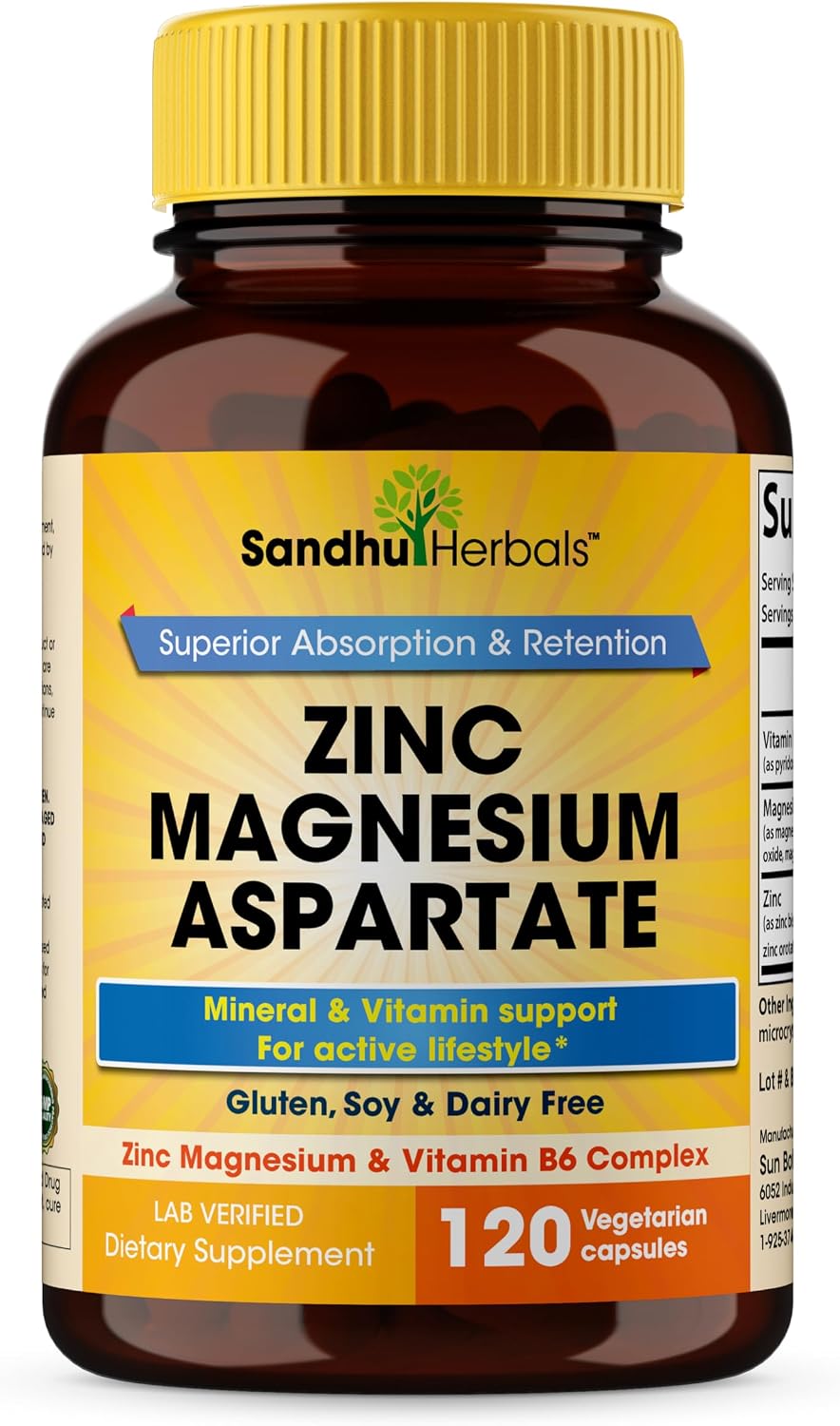 SANDHUHERBALS Zinc Magnesium Aspartate Supplement 120 Capsules| with Vitamin B6 & Zinc | High Absorption, Sleep and Immune Support | for Men & Women