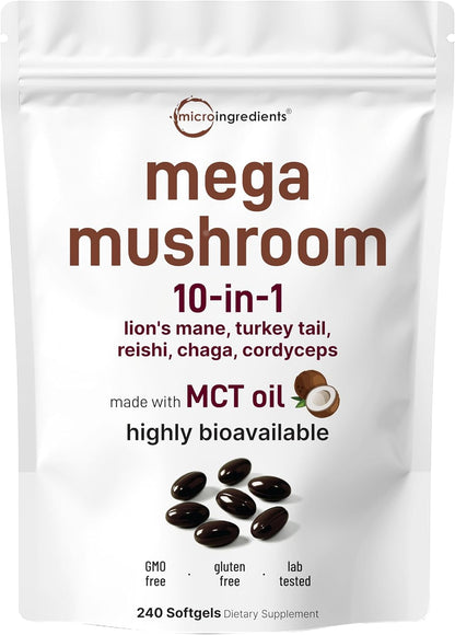 Micro Ingredients 10‑in‑1 Mega Mushroom Complex Supplement – Lions Mane, Cordyceps, Reishi, Chaga & More – 240 Softgels with MCT Oil – 4 Month Supply – Adaptogenic Functional Mushroom Blend