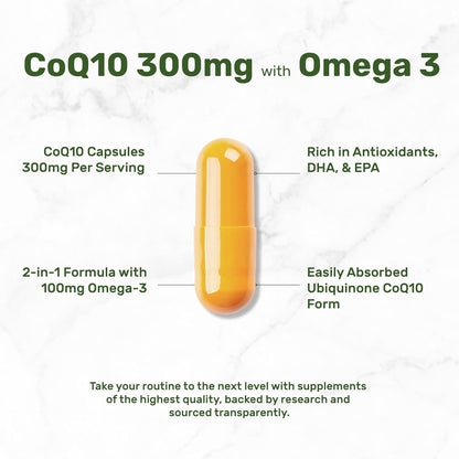 DEAL SUPPLEMENT CoQ10 300mg with Omega 3 100mg, 240 Capsules | Bioavailable Coenzyme Q10 Formula | Supports Heart, Energy & Brain Health | Antioxidant Support | Non-GMO