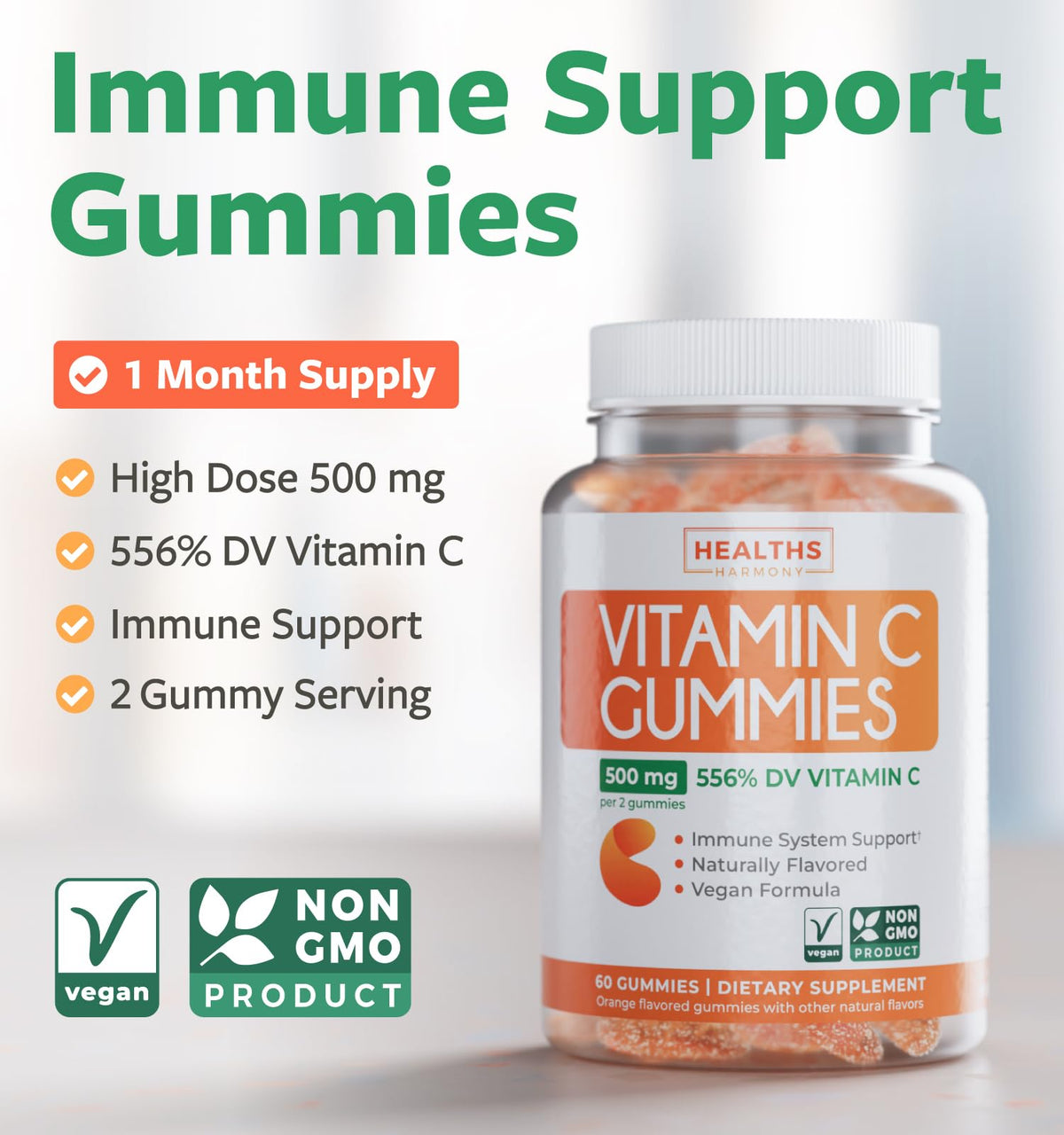 Vegan Vitamin C Gummies for Adults - Immune Support Gummies with Chewable Vitamin C 500mg per Serving for Daily and Seasonal Wellness - High Potency Non-GMO Formula - Orange Flavor (1 Month Supply)