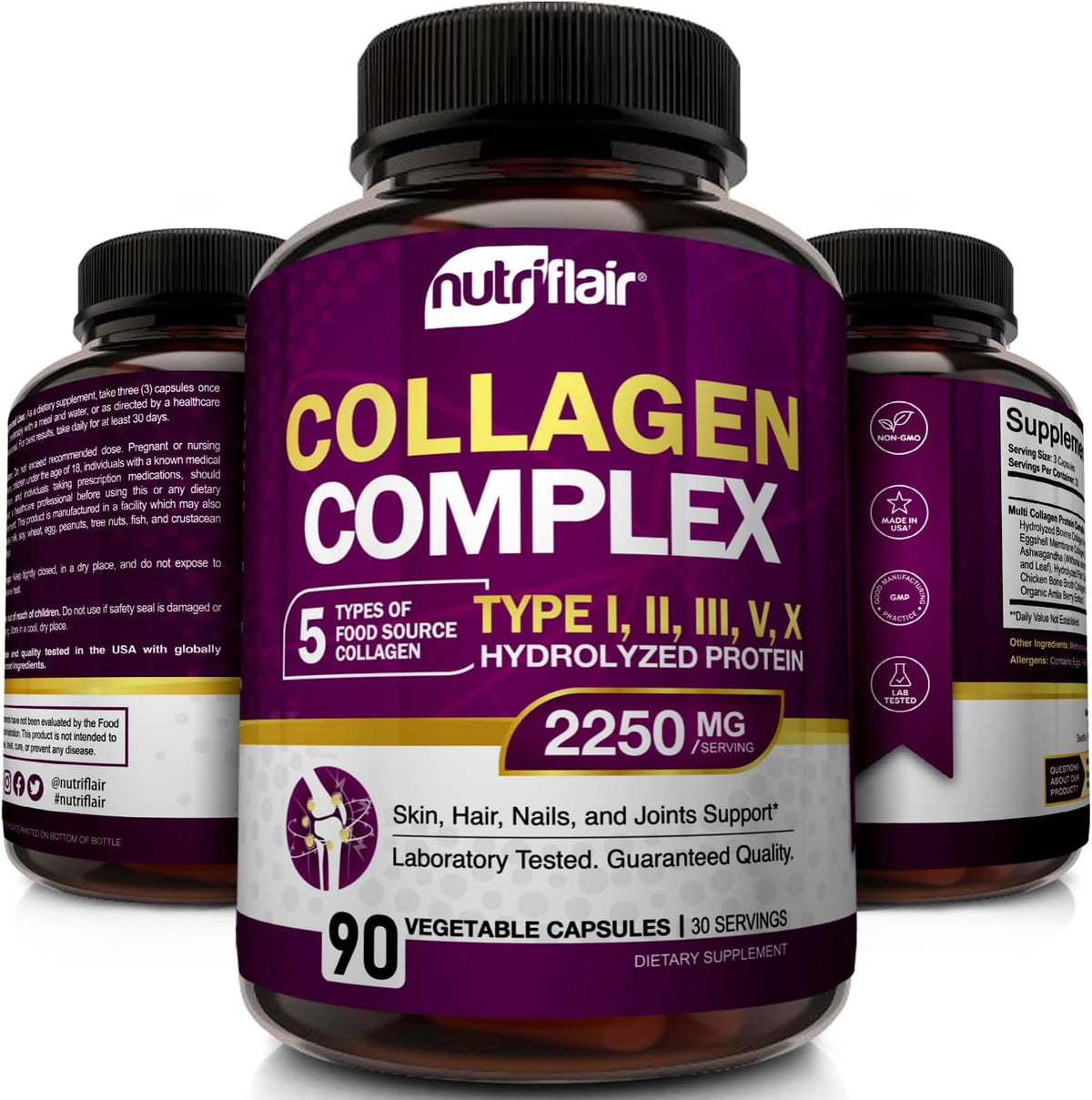 NutriFlair Multi Collagen Peptides 2250mg, 90 Capsules - Type I, II, III, V, X - Collagen Supplements Complex Powder Pills for Women and Men - Hydrolyzed Protein, Healthy Hair, Skin, Nails - Non-GMO