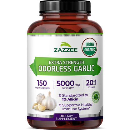 Zazzee USDA Organic Odorless Garlic 20:1 Extract, 1% Allicin, 100 Vegan Capsules, 3+ Month Supply, Allium Sativum, Immune, Circulation & Heart Health Support, All-Natural, Non-GMO, Made in the USA