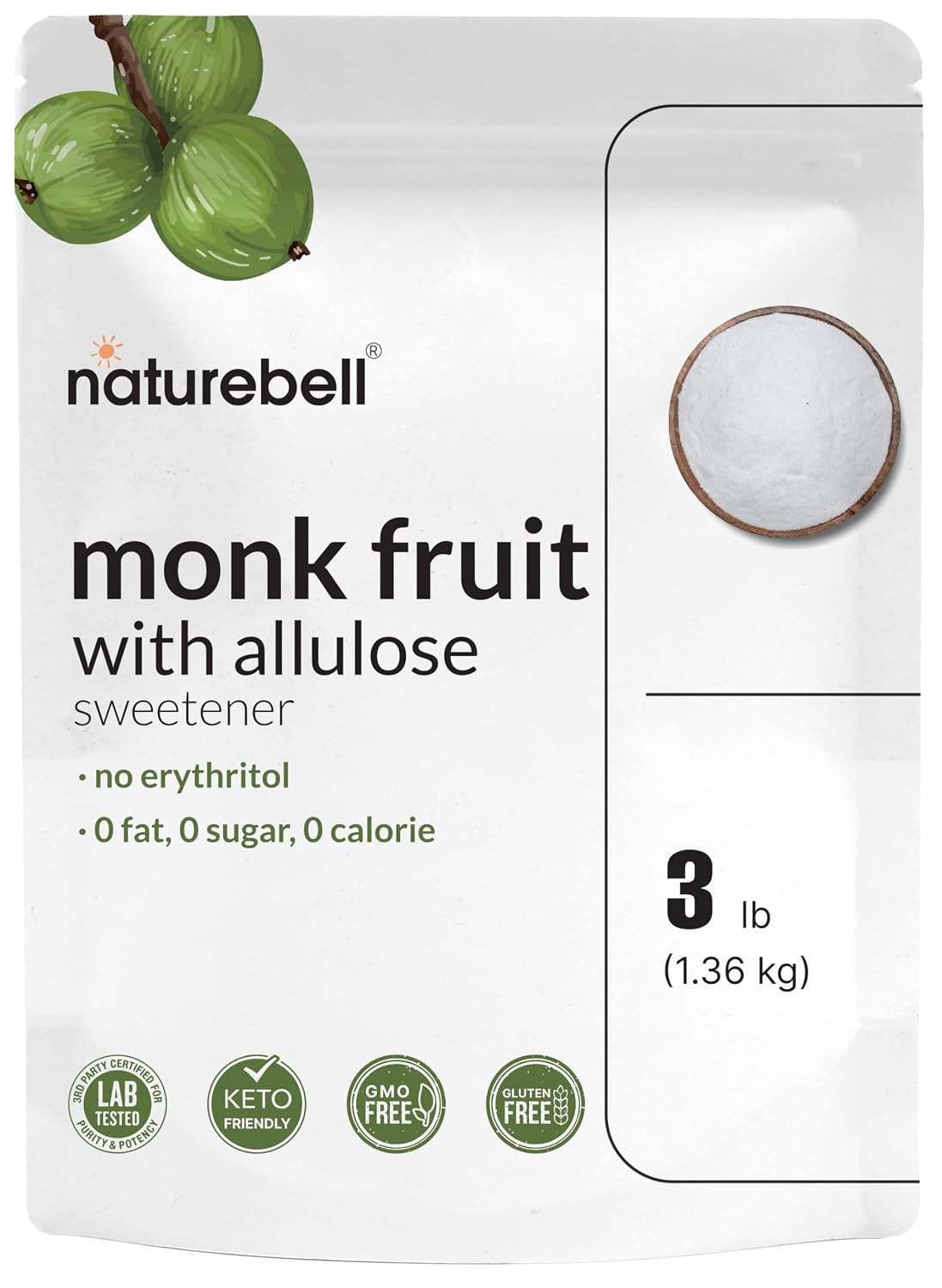 Monk Fruit & Allulose Sweetener with No Erythritol, 3 Pounds | 0 Aftertaste, 0 Calories, 0 Net Carbs – 1:1 Sugar Substitute – Perfect Sweet Balance for Baking, Cooking, Beverages – Keto, Vegan