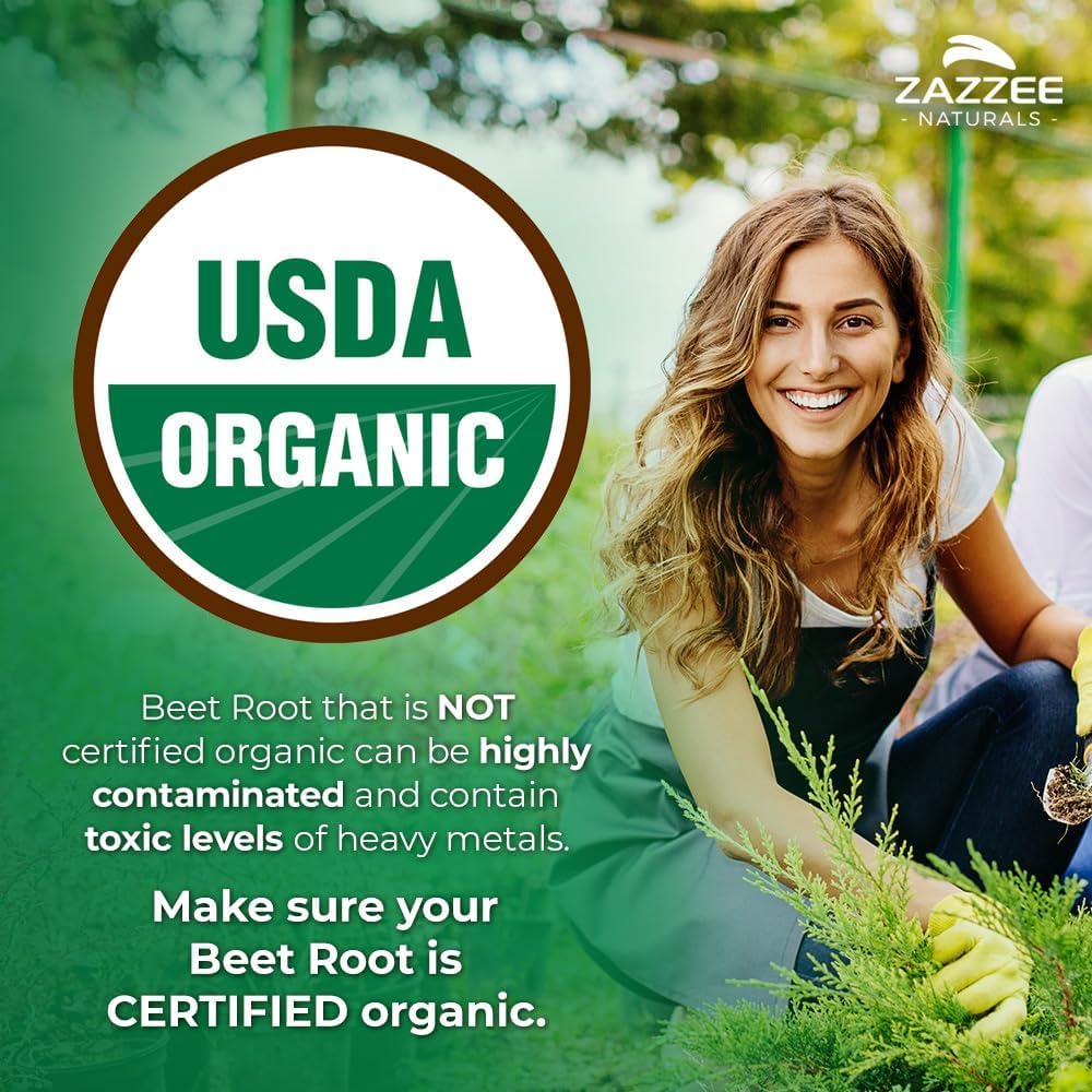 Zazzee USDA Organic Beet Root 20:1 Extract, 120 Vegan Quick Release Capsules, 4 Month Supply, Nitric Oxide Support, Black Pepper Extract for Enhanced Absorption, Certified Kosher, Non-GMO, Made in USA