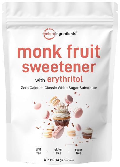 Monk Fruit Sweetener with Erythritol Granules, 4 Pounds, No After Taste, 1:1 White Sugar Substitute, Keto Diet Friendly, Zero Calorie, Natural Sweetener for Drinks, Coffee, Tea, Cookies, No-GMO, Vegan