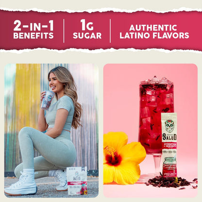 Salud 2-Pack | 2-in-1 Hydration + Immunity (Hibiscus) & Energy + Focus (Strawberry Watermelon) – 15 Servings Each, Agua Fresca Drink Mix, Non-GMO, Gluten Free, Vegan, Low Calorie, 1g of Sugar