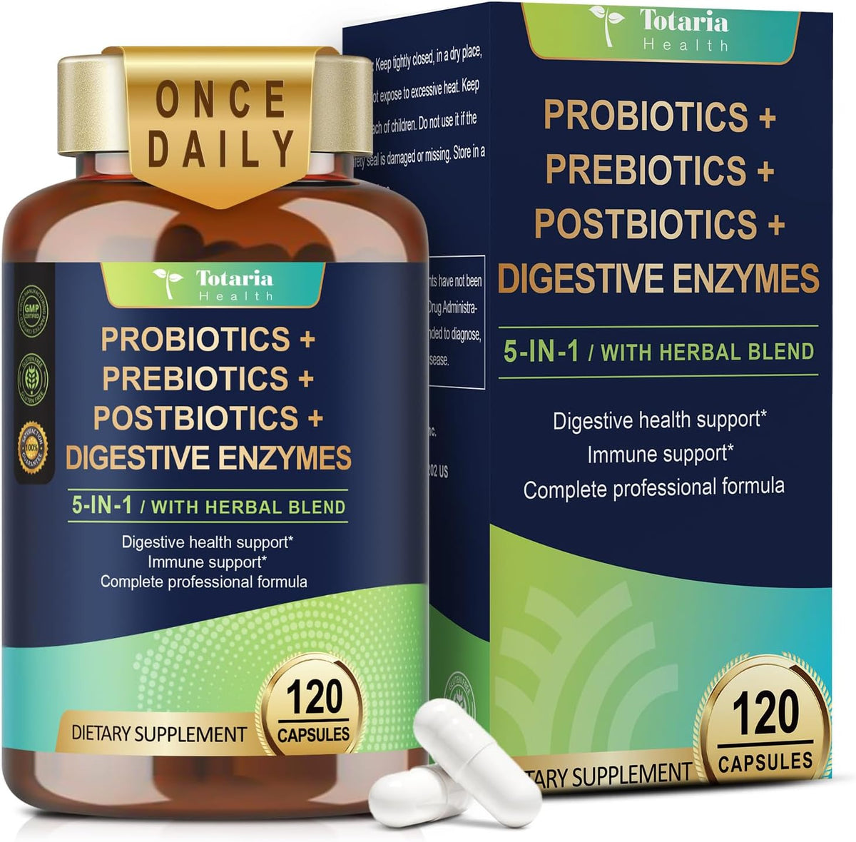 Totaria 5-in-1 60 Billion CFU Probiotic Prebiotic & Postbiotic for Women & Men, w/Digestive Enzymes, Slippery Elm, Daily Complete Gut Health, Digestive & Immune Support, 4 Month Supply, Vegan