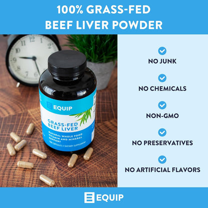 Equip Foods Grass-Fed Beef Liver | Natural Desiccated Beef Liver Supplement | Support Heart Health, Brain Function, Digestion, Metabolism, Immunity, Detoxification | 180 Capsules, 30 Servings