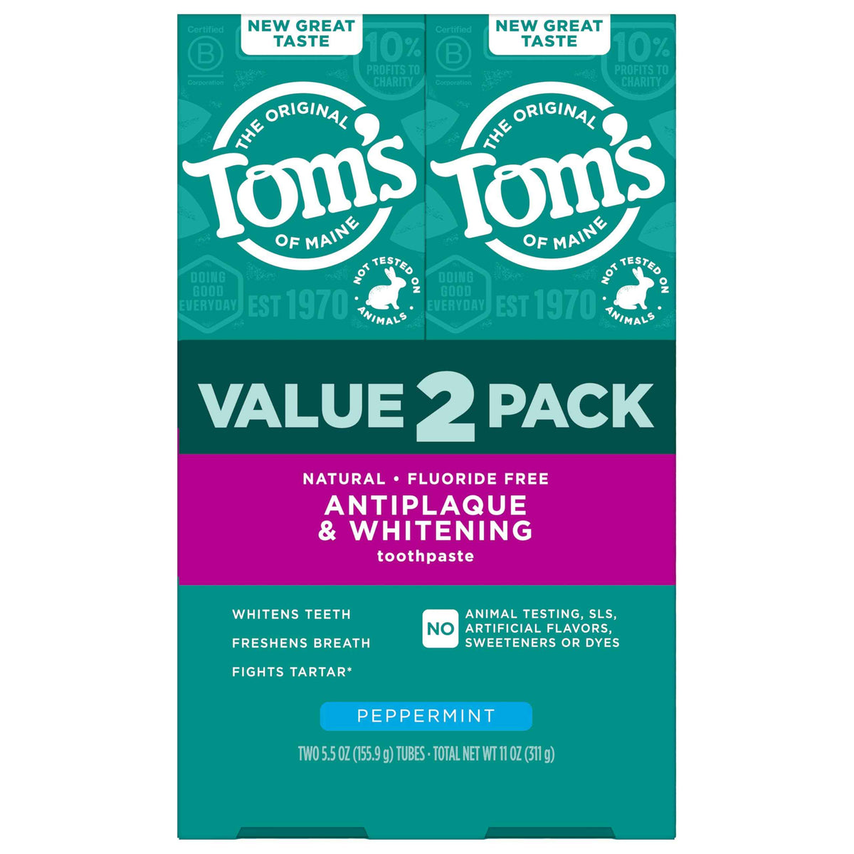 Tom's of Maine Fluoride-Free Antiplaque & Whitening Natural Toothpaste, Peppermint, 5.5 oz. (Pack of 2)
