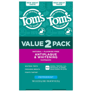 Tom's of Maine Fluoride-Free Antiplaque & Whitening Natural Toothpaste, Peppermint, 5.5 oz. (Pack of 2)