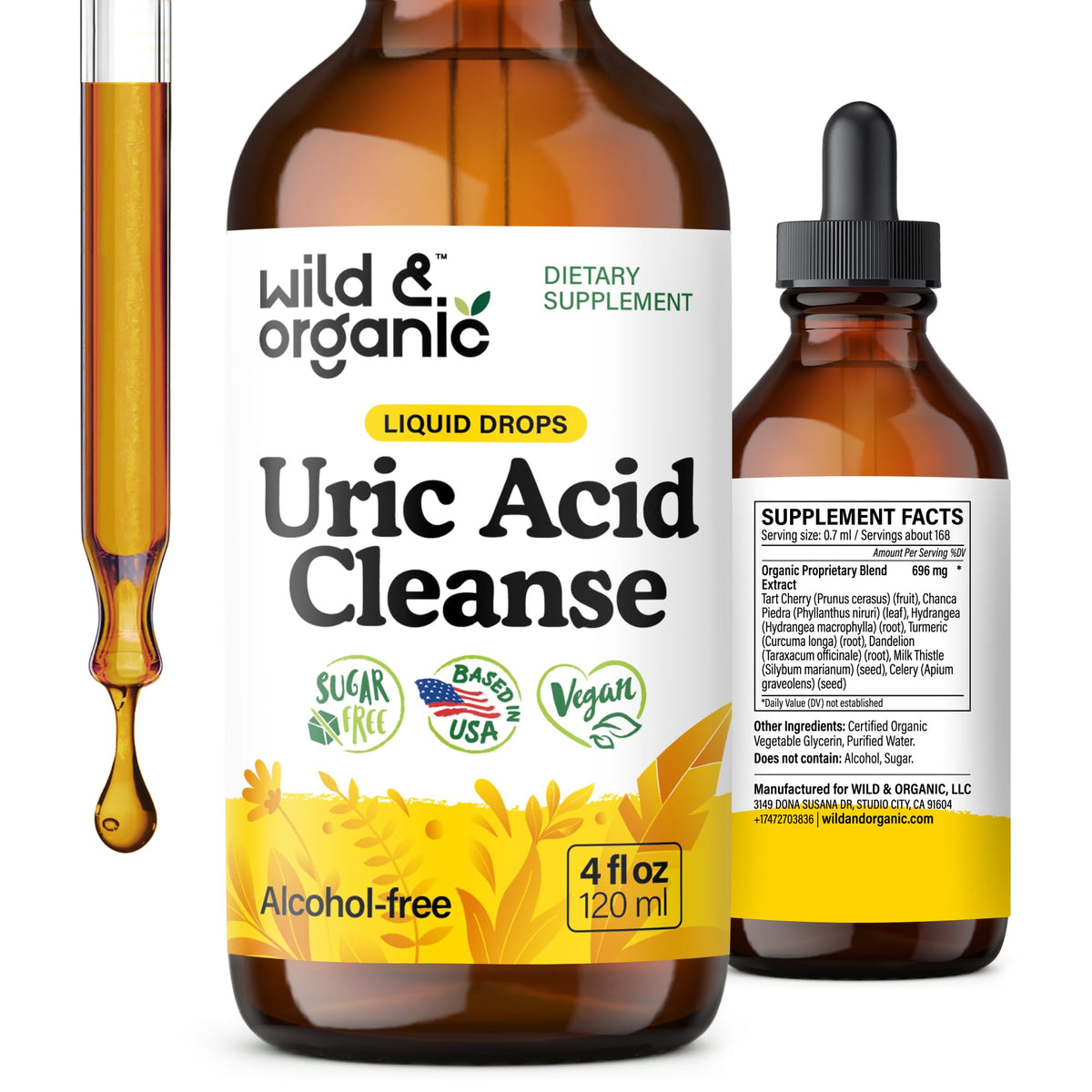 Wild & Organic Uric Acid Cleanse Liquid Drops - Tart Cherry, Turmeric, Celery, Chanca Piedra, Dandelion Root Extract Complex - Uric Acid Supplement - Vegan, Sugar & Alcohol-Free Tincture - 4 fl oz