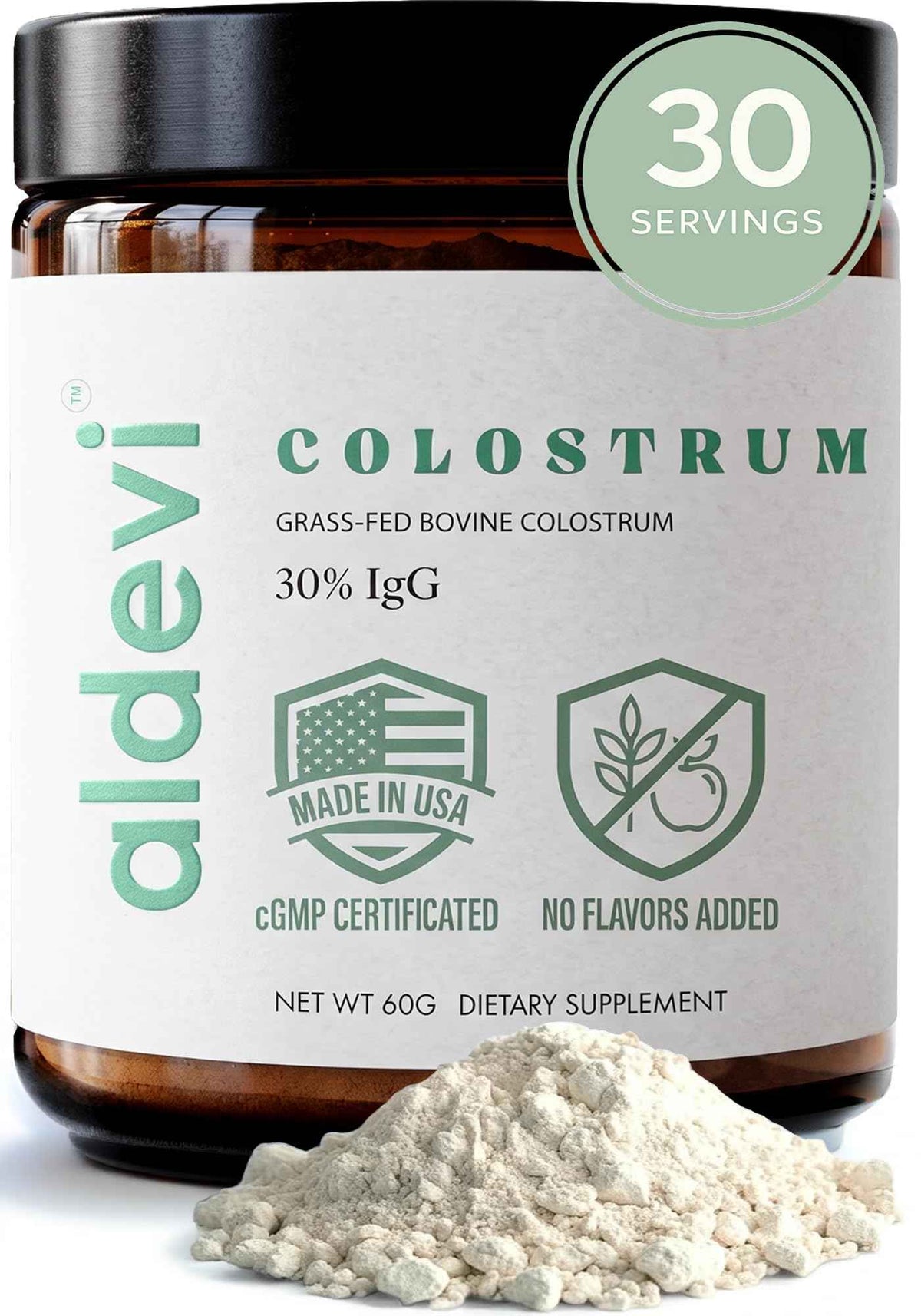 aldevi Bovine Colostrum Powder, Grass-Fed & Pasture-Raised, Made in USA, cGMP, High IgG, Unflavored, Mixes Easily, Gut & Immune Support, 30 Servings