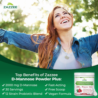Zazzee D-Mannose Powder Plus, 2000 mg, 67 Servings, Plus 5 Billion CFU Probiotics and Pure Cranberry Juice Extract, Certified Kosher, Free Scoop, 6.67 oz, Urinary Tract Support, Non-GMO, All-Natural