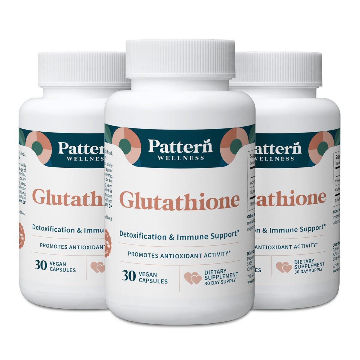 Pattern Wellness Glutathione Supplement - Active Reduced Glutathione Formula with Added Vitamin C - Cell, Antioxidant, + Immune Health Support - 30 Vegan Capsules