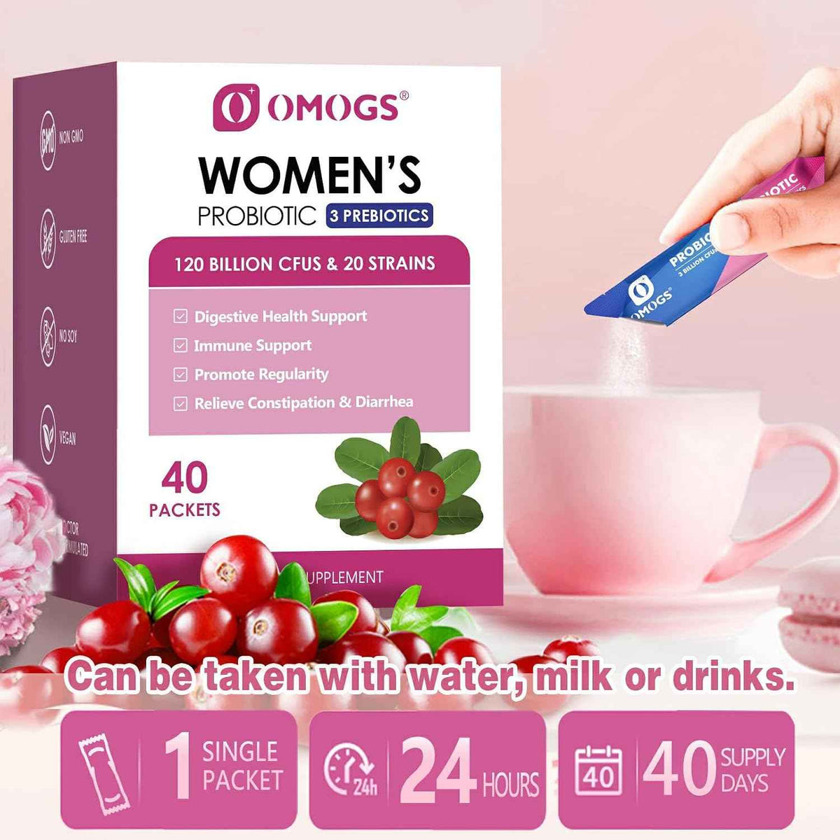OMOGS Women's Probiotic,120-Billion-CFUs, 18 Strains, with 3 Prebiotics and Cranberry Extract, Help for Immune Booster, Digestive Health, Gut Health and Vaginal Health