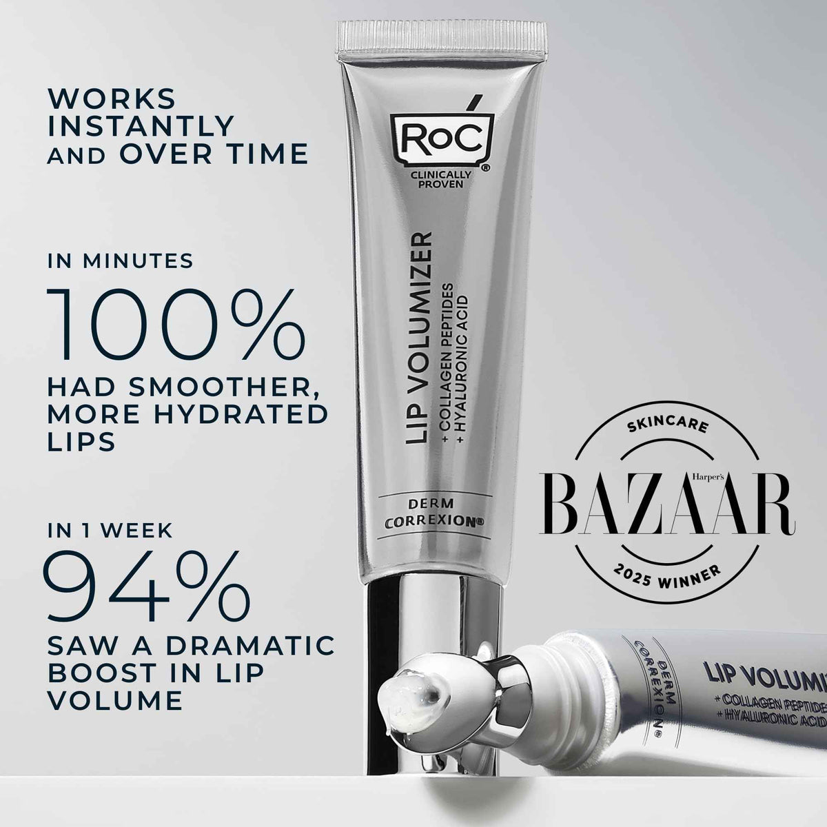 RoC Derm Correxion Lip Volumizer - Lip Plumper Peptide Treatment with Hyaluronic Acid & Vitamin E + Line Smoothing Eye Cream Packette