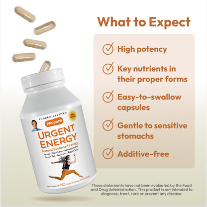 ANDREW LESSMAN Urgent Energy 60 Capsules - Provides a Safe, Healthy Means of Enhancing Energy Levels and Feelings of Well-Being, Green Tea, Guarana, Ginseng, Royal Jelly, Ashwagandha, B-Complex