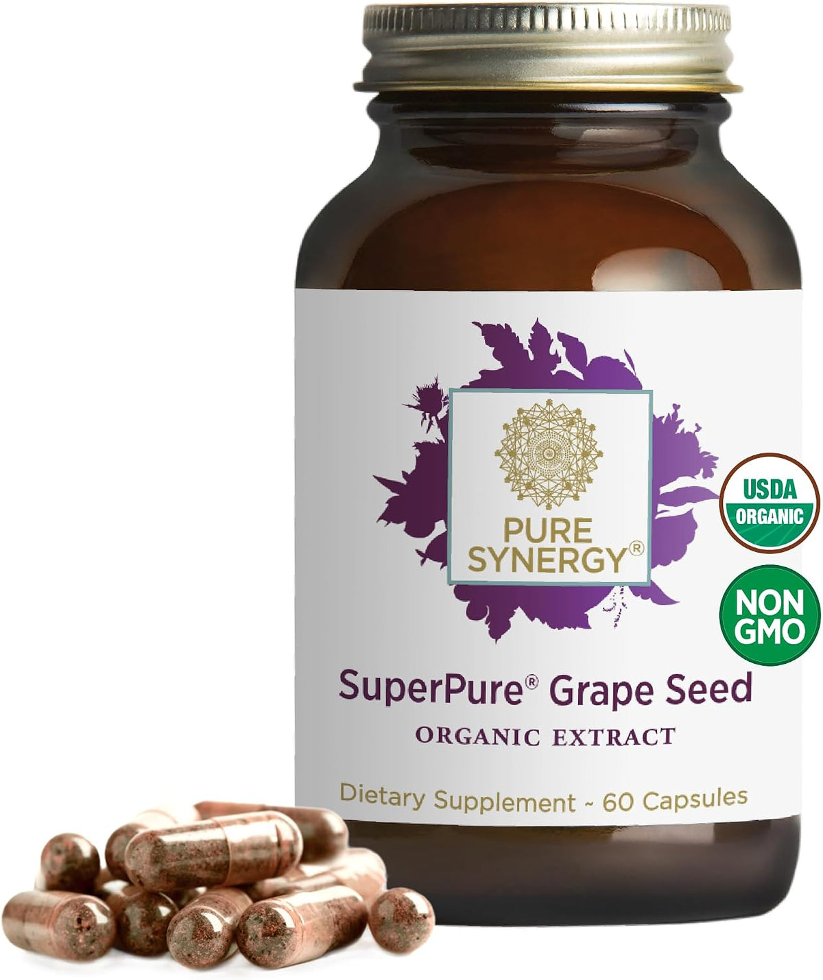 Pure Synergy SuperPure Grape Seed Extract | Organic Grape Seed Polyphenols Supplement with Whole Fruit | for Heart Health, Skin, and Healthy Aging Support (60 Capsules)