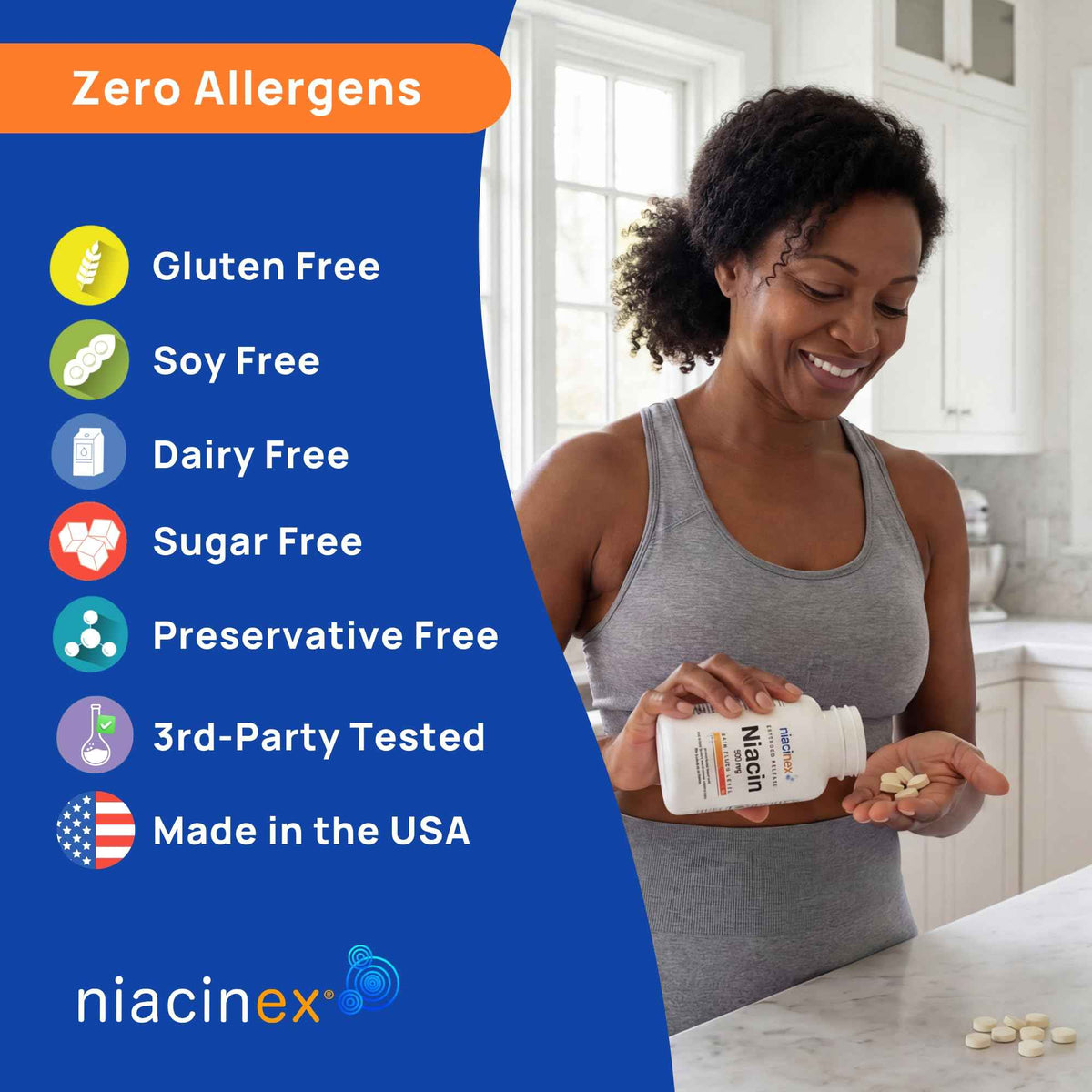 Niacinex Niacin 500mg Extended Time Release, 200 Tablets, Minimal to No-Flush, Vitamin B3 Supplement - Cholesterol Balance
