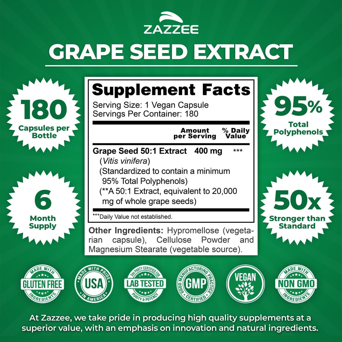 Zazzee High Strength Grape Seed 50:1 Extract, 180 Vegan Capsules, 95% Polyphenols, 400 mg per Capsule, 6 Month Supply, Antioxidant, Circulation & Blood Flow Support, Non-GMO, Made in the USA