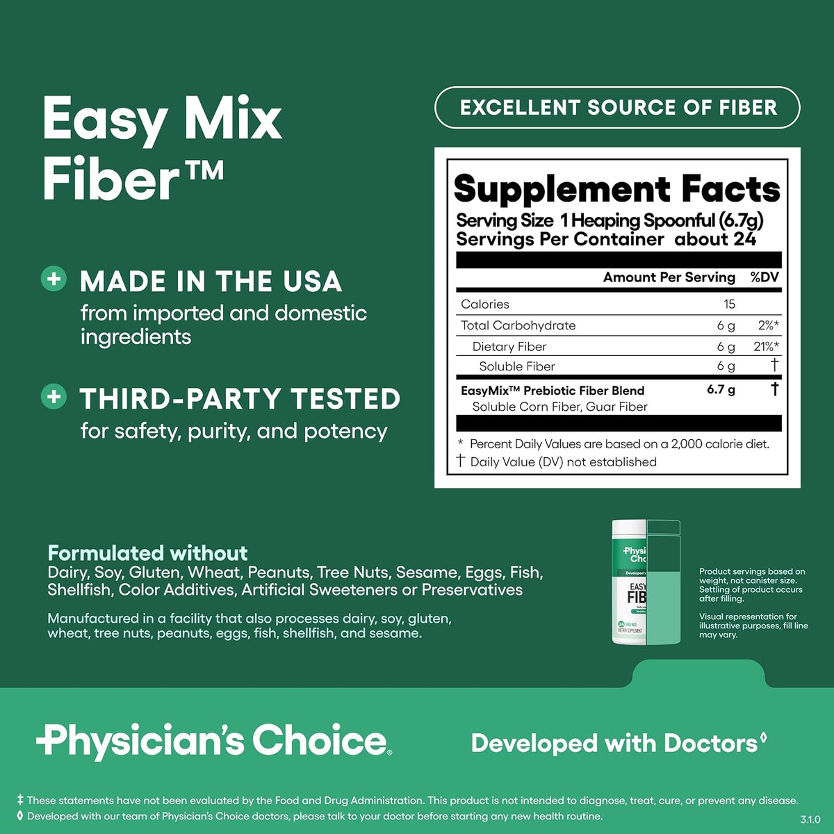 Physician's CHOICE Easy Mix Fiber for Digestive Health & Regularity - No Grit, Sugar Free, & Tasteless - Daily Prebiotic Soluble Fiber Powder Supplement for Women and Men - Unflavored - 5.7oz