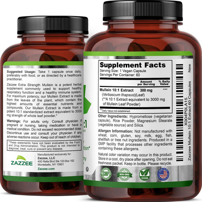 Zazzee Extra Strength Mullein Leaf 10:1 Extract, 120 Vegan Capsules, 4 Month Supply, Verbascum Thapsus, Respiratory & Lung Support, Certified Kosher, 100% Pure Leaf Powder, Non-GMO, Made in the USA