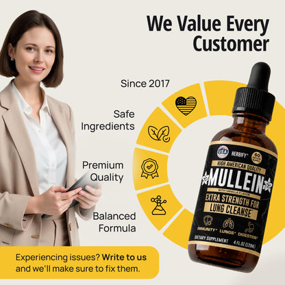 HERBIFY Mullein Drops - Lung Cleanse - Leaf Extract - Powerful Mullein for Immune Support,Detox & Respiratory Support - Made in USA - Lung Cleanse for Smokers - 4 Oz