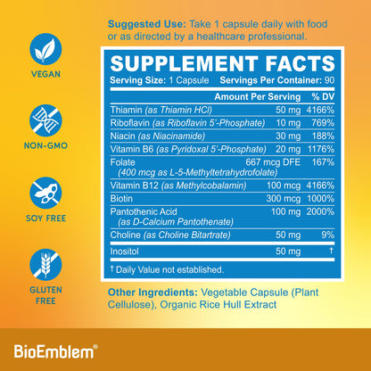 BioEmblem Vitamin B-Complex - All 8 Active Forms with Methyl Folate, Methyl B12, B6, Biotin Plus Choline Inositol, Supports Energy, Metabolism, Brain, Heart Health - B Vitamin Supplement 90 Capsules