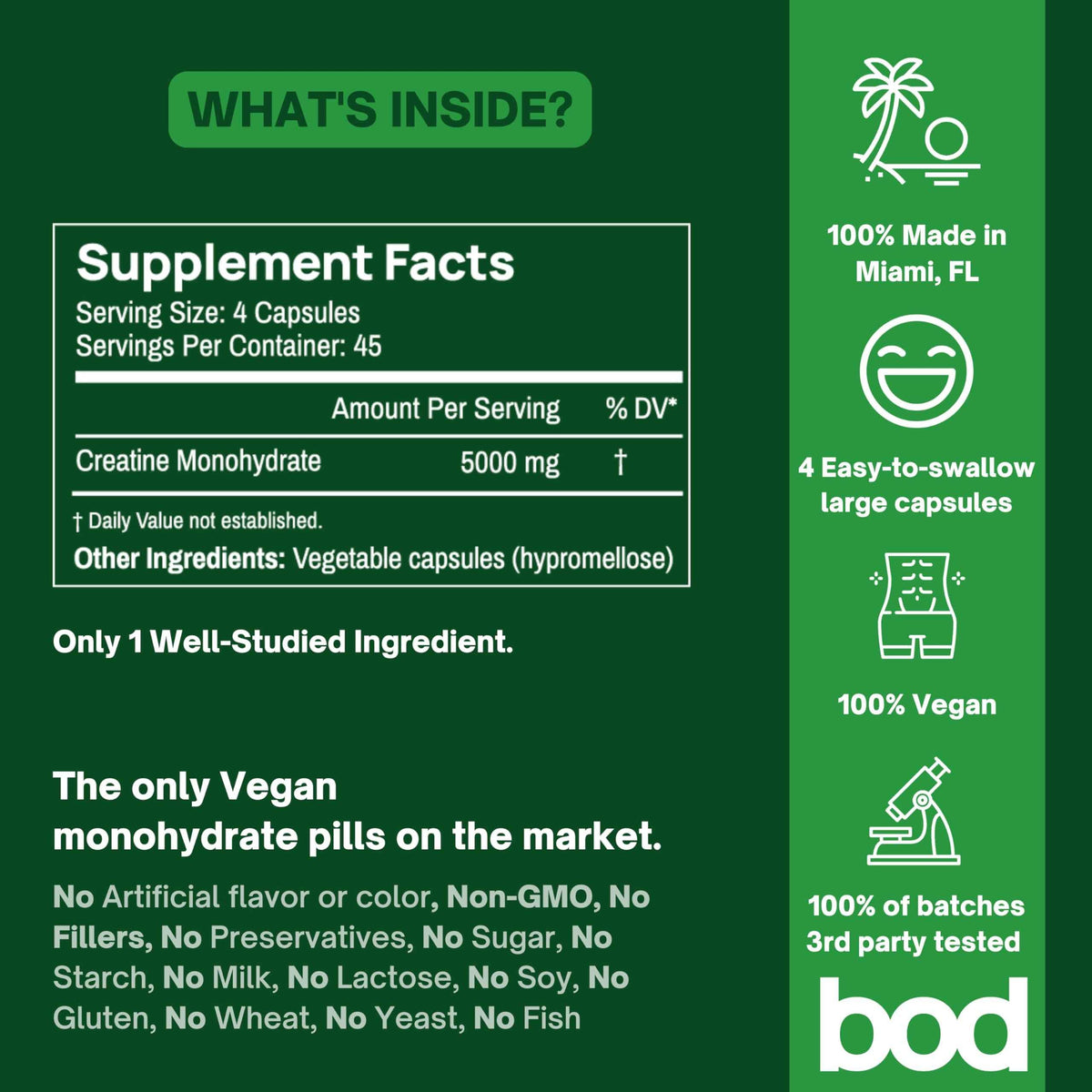 Bod Creatine Monohydrate Capsules – 45 Servings (4 Capsules = 5 g) – Ultra-Pure 200 Mesh Creatine Monohydrate – Strength