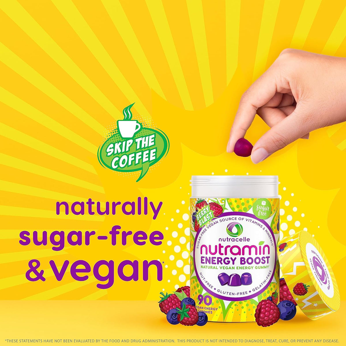 NUTRAMIN Energy Boost Vitamin Gummy - Skip The Coffee & Boost Your Energy, Caffeine-Free, Sugar-Free, Vegan, B12, Green Tea, Ashwagandha, Garcinia Cambogia, Raspberry Adaptogen - 90 ct