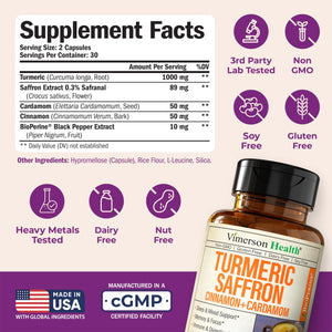 Saffron Supplements – 89mg Saffron Extract, 1000mg Turmeric Curcumin, Ceylon Cinnamon & Cardamom – Daily Mood, Joint & Metabolic Support – Joint Supplements for Women & Men – 60 Capsules Vimerson HealthBuy Supplements Australia