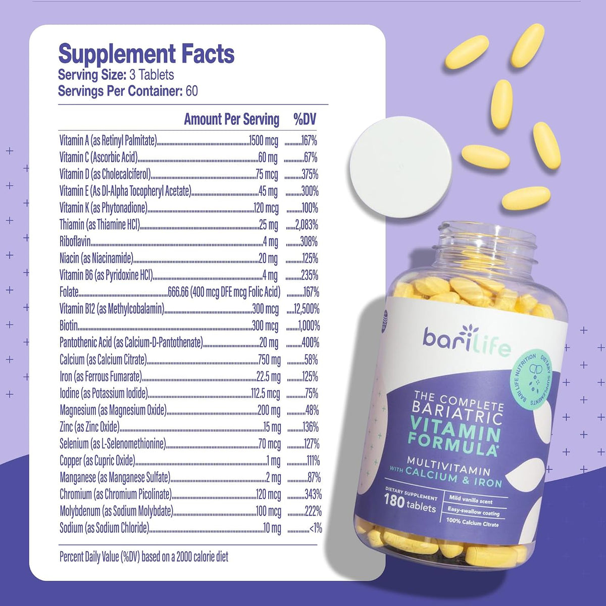 Bari Life Complete Bariatric Multivitamin Non-chewable Tablet w/Calcium Citrate and Iron - 180 Tablets/Bottle