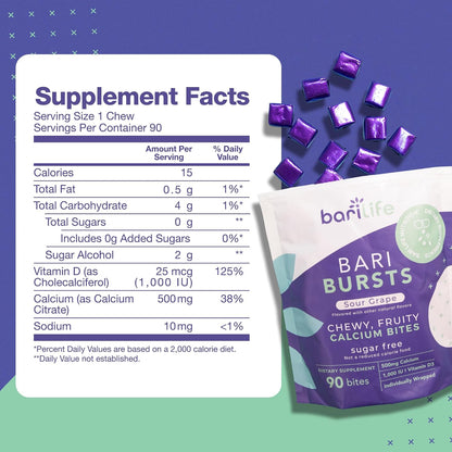 Calcium Citrate Bariatric Calcium Chews with 1000 IU Vitamin D3 - Ideal for Bariatric Patients - BariBurst by Bari Life (Sour Grape)