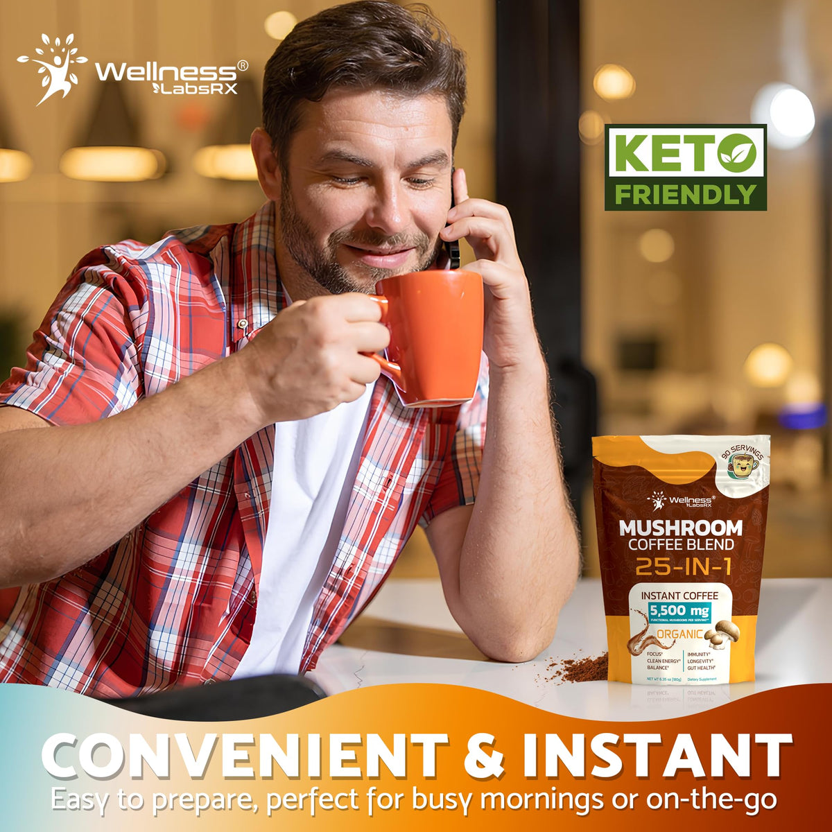 Mushroom Coffee Organic Instant Coffee, 25-in-1, Third-Party Tested Keto Friendly Lions Mane Supplement with Functional Mushrooms – Shiitake, Reishi, Lion’s Mane & More | Smooth, Rich Flavor - 90 Servings