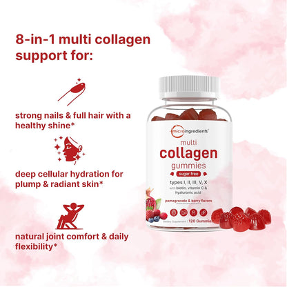 Micro Ingredients Multi Collagen Peptides, 120 Collagen Gummies | Type I,II,III,V,X Protein with Biotin, Hyaluronic Acid, & Vitamin C Complex | Pomegranate & Berry Flavored | Sugar Free, Non-GMO