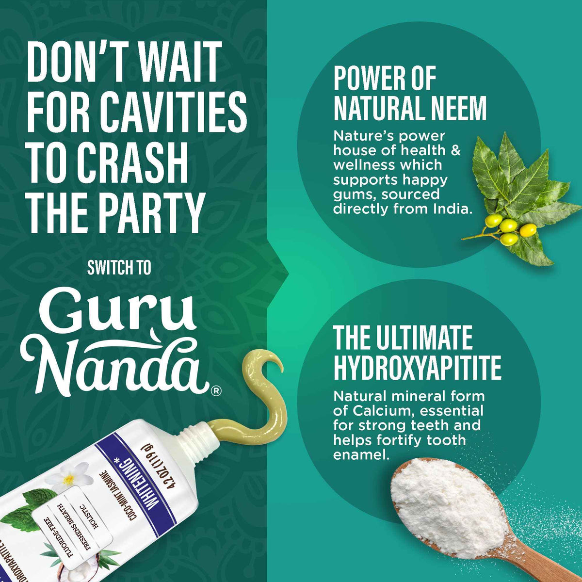 GuruNanda Hydroxyapatite Toothpaste for Whitening with Neem & Xylitol, SLS & Fluoride Free Formula with Tongue Scraper & Squeezer - Freshens Breath, Fights Plaque