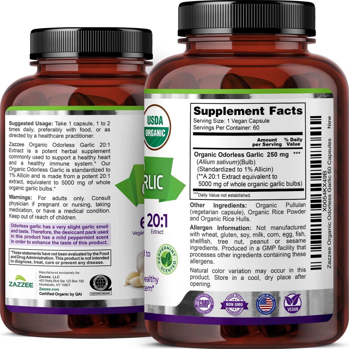 Zazzee USDA Organic Odorless Garlic 20:1 Extract, 1% Allicin, 100 Vegan Capsules, 3+ Month Supply, Allium Sativum, Immune, Circulation & Heart Health Support, All-Natural, Non-GMO, Made in the USA