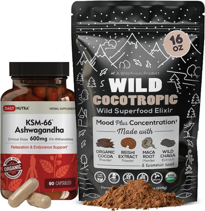 DailyNutra KSM 66 Ashwagandha (90 Capsules) and Mushroom Cacao Mix (16oz) Bundle for Relaxation and Focus