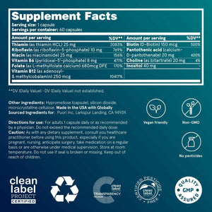 Puori Pure Energy Vitamin B-Complex with 8 Essential Vitamins - Active & Methylated B Vitamins (Thiamin, Riboflavin, Niacin, B6, Folate & B12) - Biotin, Inositol, Pantothenic Acid & Choline