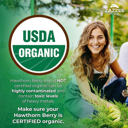 Zazzee USDA Organic Hawthorn Berry 20:1 Extract, 2% Vitexin, 150 Capsules | 5 Month Supply, Vegan, Crataegus Pinnatifida, Antioxidant & Circulation Support, Herbal Supplement, Non-GMO, Made in the USA